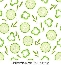 Seamless pattern of fresh slices of green cucumber and pepper slices, vector illustration of the concept of a healthy salad vitamins