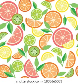 Seamless pattern with fresh slices of lemon, orange, lime, grapefruit, kiwi and leaves on white backgroun. Can be used for textile design, fabric printing, cover a notebook, packaging or wallpaper.