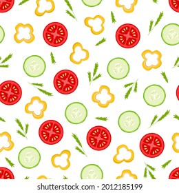 Seamless pattern of fresh slices of tomato cucumber and pepper slices, vector illustration of the concept of a healthy salad vitamins