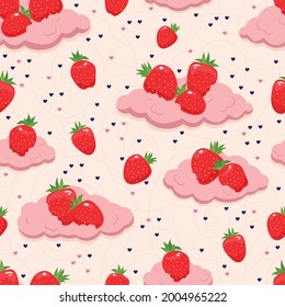 Seamless pattern of fresh strawberries on the clouds. Vector illustration. Design for paper, textiles or wallpaper. Berries on a white background.