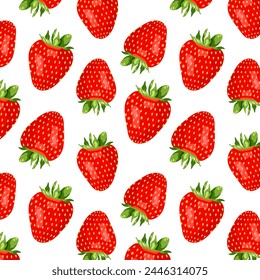 Seamless pattern with fresh strawberries on white background. Design for print, wrapping paper, textile, fabric, wallpaper, texture. Background with red berries. Vector illustration