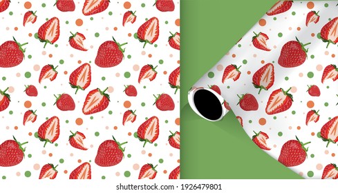 Seamless pattern of fresh strawberry background. Vector Illustration With paper mockup.