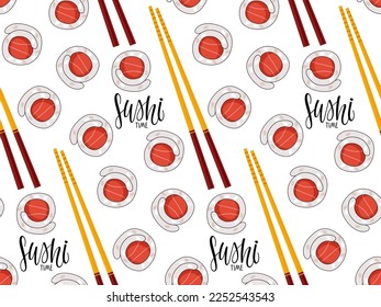 Patrón sin inconvenientes con rollos de sushi frescos, palillos de sushi, letras caligráficas. Cocina asiática de fondo blanco. La comida tradicional japonesa. Ilustración vectorial repetida para papel pintado, envoltura, textil