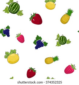 Seamless Pattern of Fresh Sweet Ripe Fruits and Berries,  Fruit Tropical Pattern, Vector Illustration