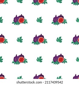 Seamless pattern with fresh sweet tasty fig fruits and leaves. Print of whole and cut fruits. Bright exotic plant. Food vector flat illustration