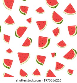 Seamless pattern from fresh sweet watermelons parts. Vitamin juicy fruits. Bright summer colorful flat vector illustration for textiles, clothes, wrapping and wall paper isolated on white background