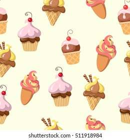 Seamless pattern with fresh tasty ice cream isolated. Endless texture with refreshing delicious summer sweet. Confectionery illustration in flat design. Wallpaper design vector. Nutrition products