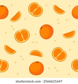 Seamless pattern of fresh tasty oranges. Whole, halved and slice of ripe tropical orange fruit. Citrus with peel and segmented flesh inside. Vector illustration on yellow background