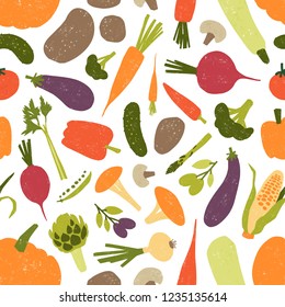 Seamless pattern with fresh tasty organic vegetables and mushrooms on white background. Backdrop with vegetarian food products. Colored vector illustration for fabric print, wrapping paper, wallpaper.