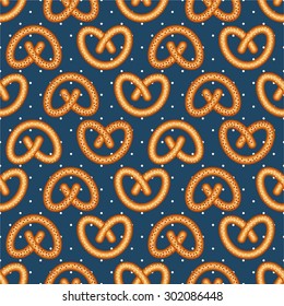 Seamless pattern with fresh tasty pretzel for Oktoberfest on polka dots background. Bavarian pretzel illustration.