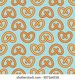 Seamless pattern with fresh tasty pretzel for Oktoberfest on mint polka dots background. Bavarian pretzel illustration.