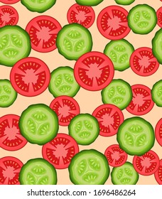 Nahtlose Muster frischer Tomaten- und Gurkenscheiben. Vektorillustration.