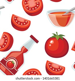 Seamless pattern. Fresh tomatoes and ketchup. Whole and half cut juicy tomatoes. Flat vector illustration on white background. Fresh red Vegetable, Vegetarian, vegan Healthy organic food.