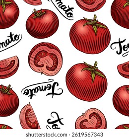 Seamless pattern of fresh tomatoes for ketchup package, pizza or other package usage. Red Mexican vegetables for healthy diet in hand drawn engraved sketchy style