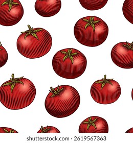 Seamless pattern of fresh tomatoes for ketchup package, pizza or other package usage. Red Mexican vegetables for healthy diet in hand drawn engraved sketchy style