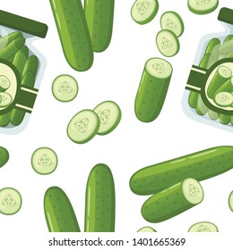 Seamless pattern. Fresh tomatoes and pickled cucumbers. Whole and half cut juicy cucumbers. Flat vector illustration on white background. Fresh green Vegetable, Vegetarian, vegan Healthy organic food.