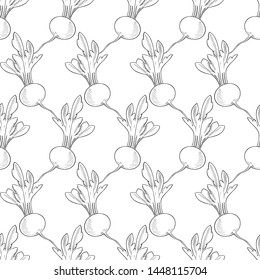 Seamless pattern of Fresh turnip with leaves for a healthy diet. Vector sketch.