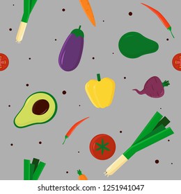 Seamless pattern with fresh vegetables: carrot, avocado, tomato, eggplant, pepper on the gray background