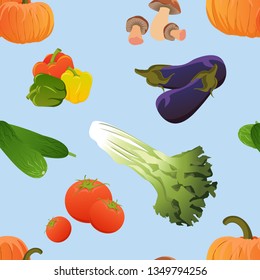 Seamless pattern. Fresh vegetables. Chinese cabbage, eggplants, mushrooms, peppers, cucumbers, tomatoes, pumpkins. Realistic Vector Pattern