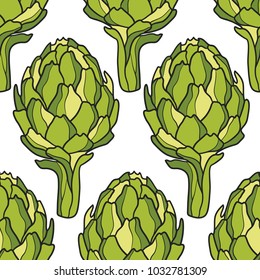 Seamless pattern with fresh vegetables. Colorful overlapping background vector. Hand drawn illustration with artichokes. Decorative wallpaper, good for printing