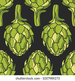 Seamless pattern with fresh vegetables. Colorful overlapping background vector. Hand drawn illustration with artichokes. Decorative wallpaper, good for printing