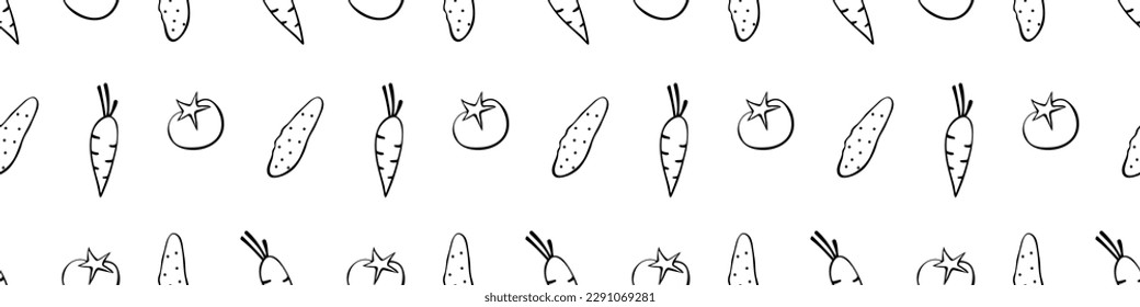 Seamless pattern with fresh vegetables - cucumbers, tomatoes, carrots. Black outline on white background. Hand drawn vector doodle illustration. Concept of cooking background, texture, backdrop