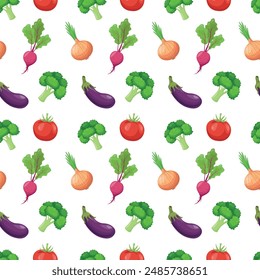 Seamless pattern with fresh vegetables - eggplants, broccoli, onions, beets on a white background. Can be used for tablecloths, wrapping paper, wallpaper, stationery. Vector illustration.