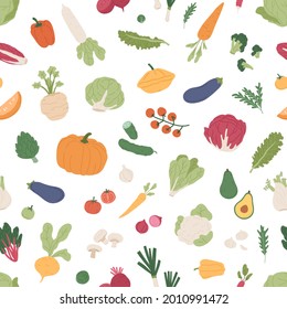 Seamless pattern with fresh vegetables and greens on white background. Repeating texture with healthy vegetarian food. Veggie harvest backdrop for decor. Colored flat vector illustration for printing