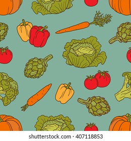 Seamless pattern fresh vegetables, hand drawn icons vector. Colorful background with food objects. Decorative wallpaper, good for printing