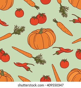 Seamless pattern fresh vegetables, hand drawn icons vector. Colorful background with food objects. Decorative wallpaper, good for printing