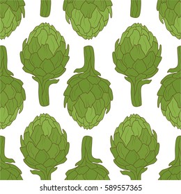 Seamless pattern with fresh vegetables, hand drawn icons. Colorful background vector. Illustration with artichokes, food icon. Decorative wallpaper, good for printing