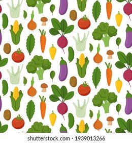 Seamless pattern with fresh vegetables. Healthy and beneficial product. Organic food. Gardening or farming concept. Design for print, packaging, wallpaper, textil. Flat vector illustration.