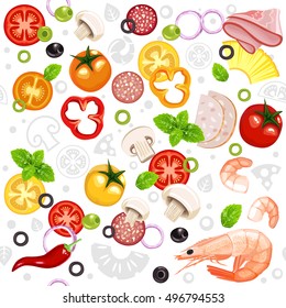 Seamless pattern with fresh vegetables and meat, seafood. Vector illustration for your design