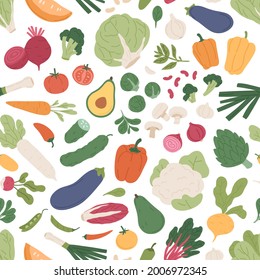 Seamless pattern with fresh vegetables on white background. Repeatable texture with different vegetarian food. Printable farm organic veggies for wrapping. Colored flat vector illustration