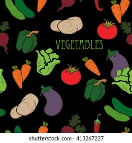 Seamless pattern with fresh vegetables on a black background. Food and nutrition.
