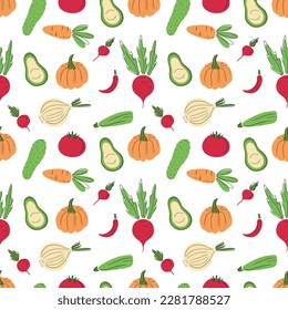 Nahtlose Muster mit frischem Gemüse Kürbis, Karotten, Avocado, Rüben, Zwiebeln, Zucchini, Radieschen, Ccucmber, Tomate auf weißem Hintergrund. handgezeichnete Vektorgrafik, Cartographie, Kochen