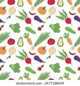 Seamless pattern with fresh vegetables pumpkin, carrot, avocado, beet, onion, courgette, radish, cucumber, tomato on white background. Hand drawn vector flat cartoon illustration, cooking