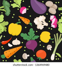 Seamless pattern from fresh vegetables radishes, carrots, tomatoes, beets,  shallots on a black background