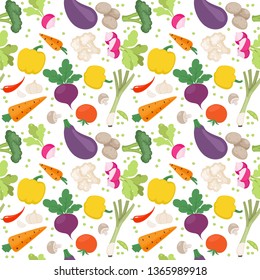 Seamless pattern from fresh vegetables radishes, carrots, tomatoes, beets,  shallots on a white background