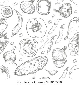 Seamless pattern with fresh vegetables. Tomato, pepper, cucumber, chili, onion, garlic and beans. Vector illustration for your design