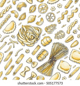 Seamless pattern with fresh vegetables. Tomato, pepper, cucumber, chili, onion, garlic and beans. Vector illustration for your design