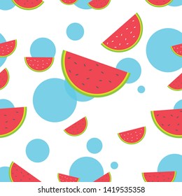 Seamless pattern of fresh watermelon with blue circle on background.