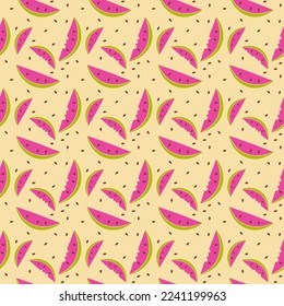 Seamless pattern with fresh watermelon slices and seeds on yellow sand background