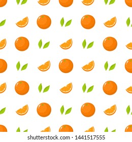 Seamless pattern with fresh whole, cut slice of orange fruit and green leaves on white background. Tangerine. Organic fruit. Vector illustration for design, web, wrapping paper, fabric, wallpaper.