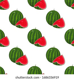 Seamless pattern with fresh whole and cut slice watermelon fruit on white background. Summer fruits for healthy lifestyle. Organic fruit. Cartoon style. Vector illustration for any design.