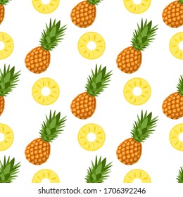 Seamless pattern with fresh whole and cut slices pineapple fruit with leaves on white background. Summer fruits for healthy lifestyle. Organic fruit. Cartoon style. Vector illustration for any design.