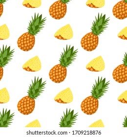 Seamless pattern with fresh whole and cut slices pineapple fruit with leaves on white background. Summer fruits for healthy lifestyle. Organic fruit. Cartoon style. Vector illustration for any design.