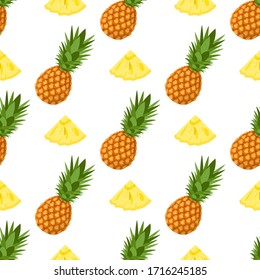 Seamless pattern with fresh whole and cut slices pineapple fruit with leaves on white background. Summer fruits for healthy lifestyle. Organic fruit. Cartoon style. Vector illustration for any design.