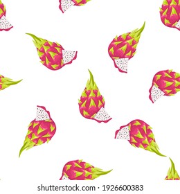 Seamless pattern with fresh whole and cut slice red pitaya fruits isolated on white background. Summer fruits for healthy lifestyle. Organic fruit. Cartoon style. Vector illustration for any design.
