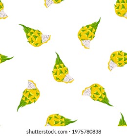 Seamless pattern with fresh whole and cut yellow pitaya fruits isolated on white background. Summer fruits for healthy lifestyle. Organic fruit. Cartoon style. Vector illustration for any design.